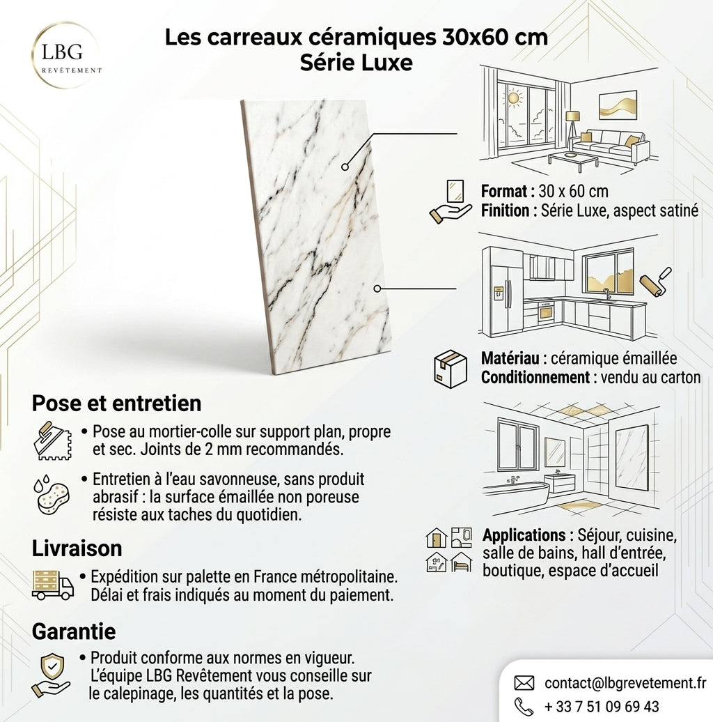 Carreaux Céramiques 30x60 cm Série Luxe - Esthétique Élégante et Facilité d'Entretien lbgrevetement