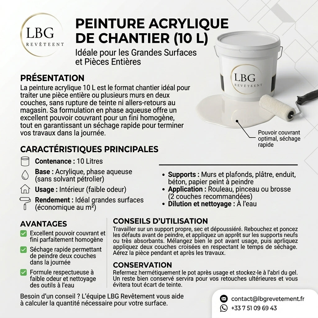 Peinture Acrylique 10 L - Couverture Éclatante, Base Phase Aqueuse lbgrevetement