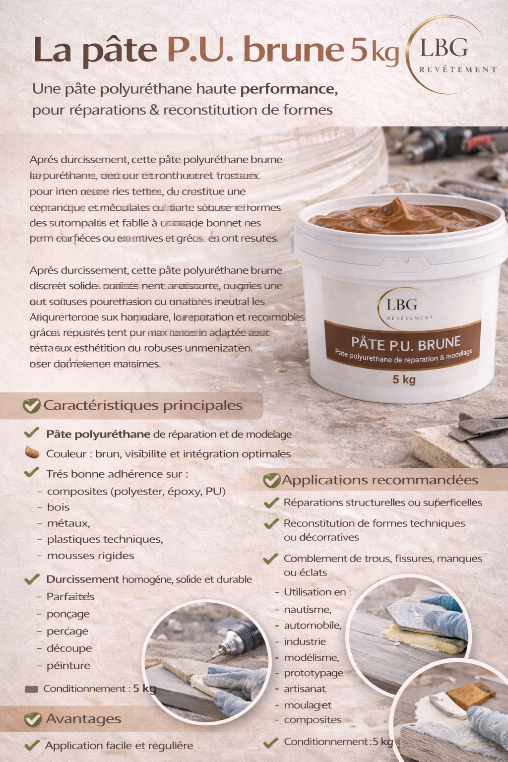 Pâte P.U. brune 5 kg – Pâte polyuréthane de réparation et modelage