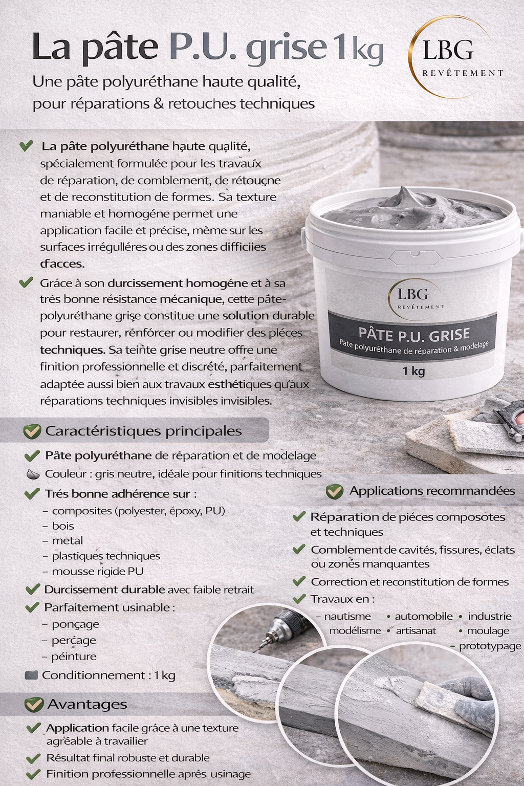 Pâte P.U. grise 1 kg – Pâte polyuréthane de réparation et modelage