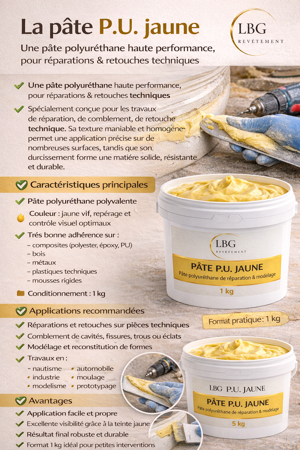 Pâte P.U. jaune 1 kg – Pâte polyuréthane de réparation et modelage