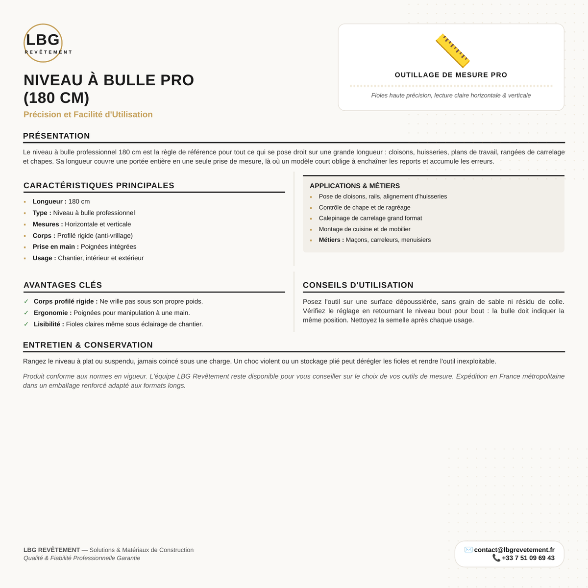 Niveau à Bulle Pro 180 cm - Précision et Facilité d'Utilisation lbgrevetement