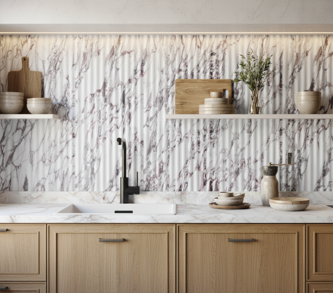 Carrelage mur intérieur aspect marbre Fluted calacatta viola mat 40x120 cm