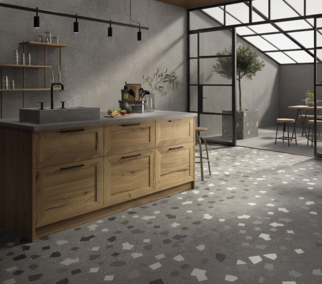 Carrelage sol-mur intérieur aspect terrazzo Ama ricetta graphite mat 90x90 cm