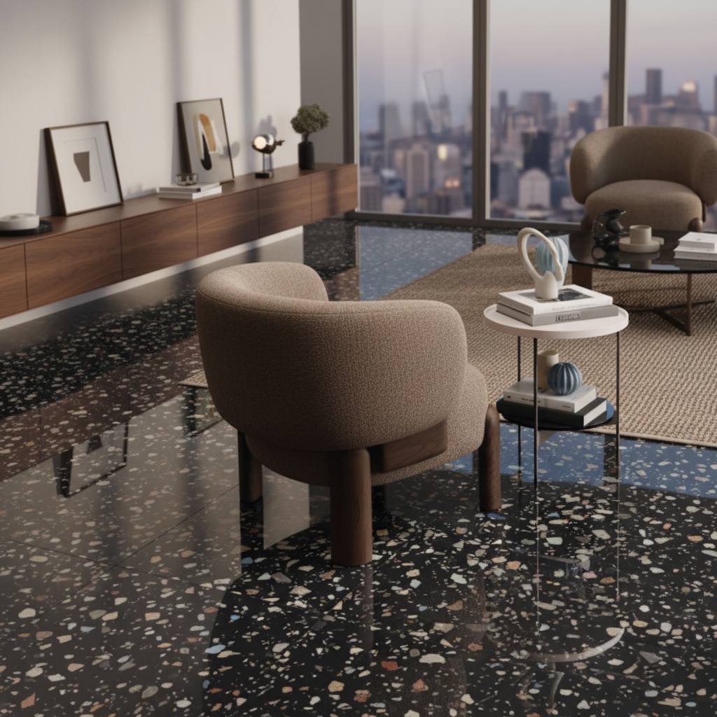 Carrelage sol et mur aspect terrazzo Gemstone black brillant 60x120 cm