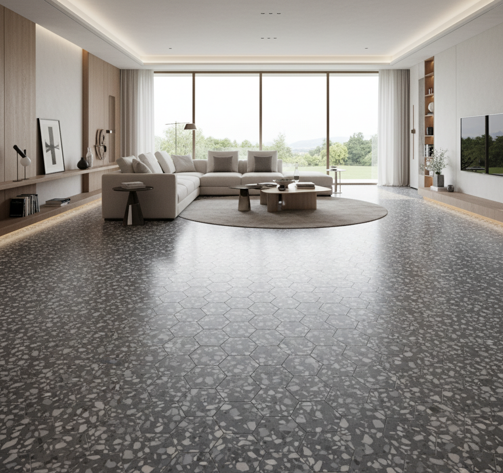 Carrelage hexagonal terrazzo bleu mat 23x27 cm – Mur & Sol