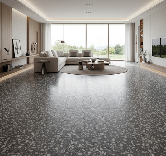 Carrelage hexagonal terrazzo bleu mat 23x27 cm – Mur & Sol lbgrevetement