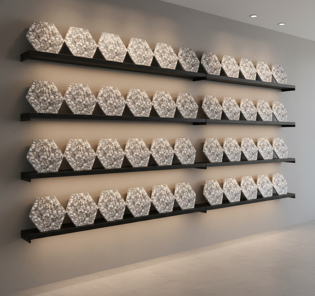 Carrelage hexagonal terrazzo bleu mat 23x27 cm – Mur & Sol