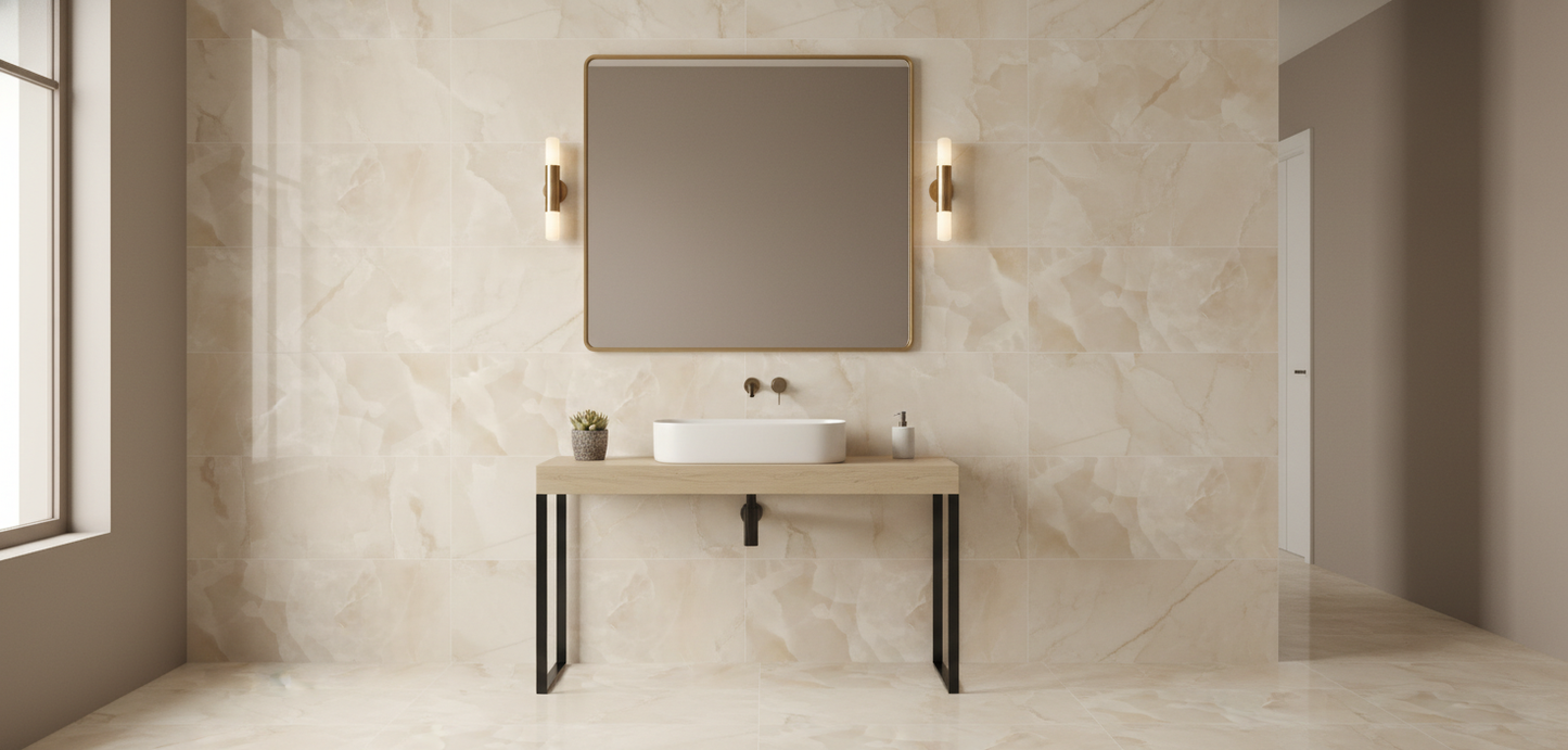 Carrelage aspect marbre Onyx Ivory poli 60x120 cm – Grès cérame sol et mur lbgrevetement