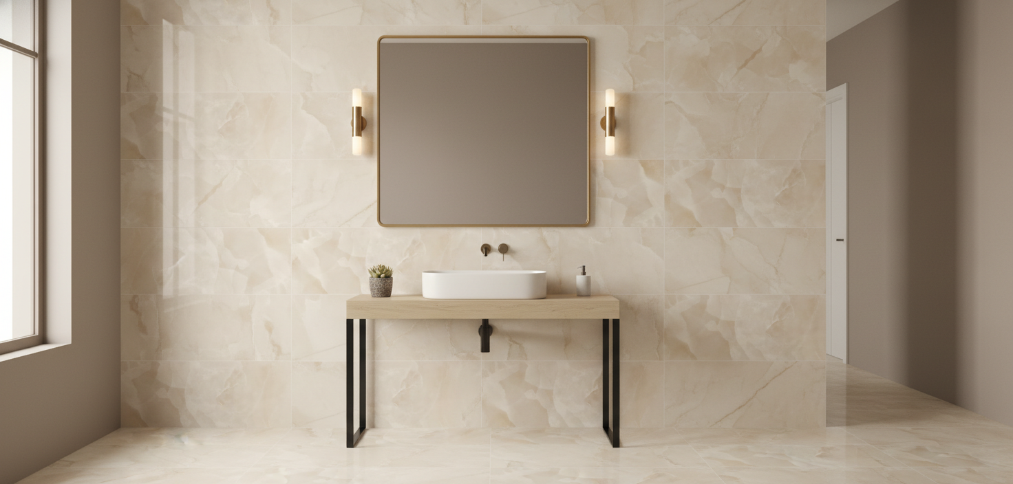 Carrelage aspect marbre Onyx Ivory poli 60x120 cm – Grès cérame sol et mur