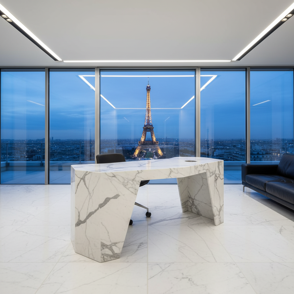 Bureau de Direction en Marbre de Carrare Blanc - Design Monolithique & Asymétrique lbgrevetement
